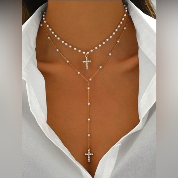None Jewelry - 2 pc set handmade faux pearl/glass rhinestone cross pendant necklaces